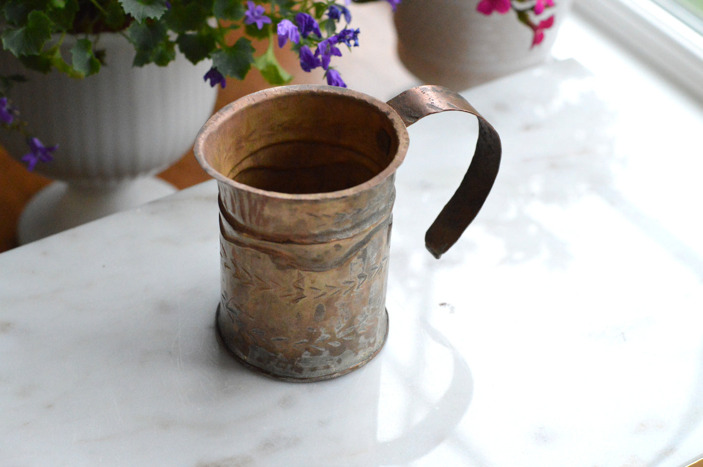 Antique Hand-Chased Copper Measuring Pitcher