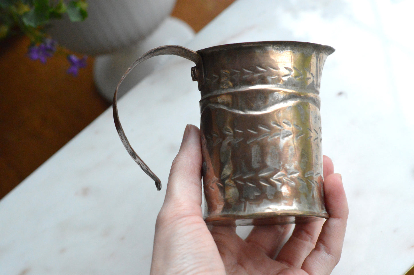 Antique Hand-Chased Copper Measuring Pitcher