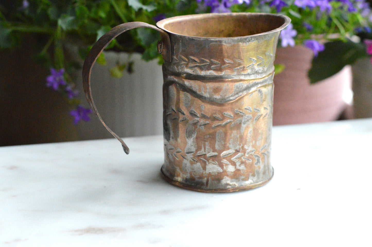 Antique Hand-Chased Copper Measuring Pitcher
