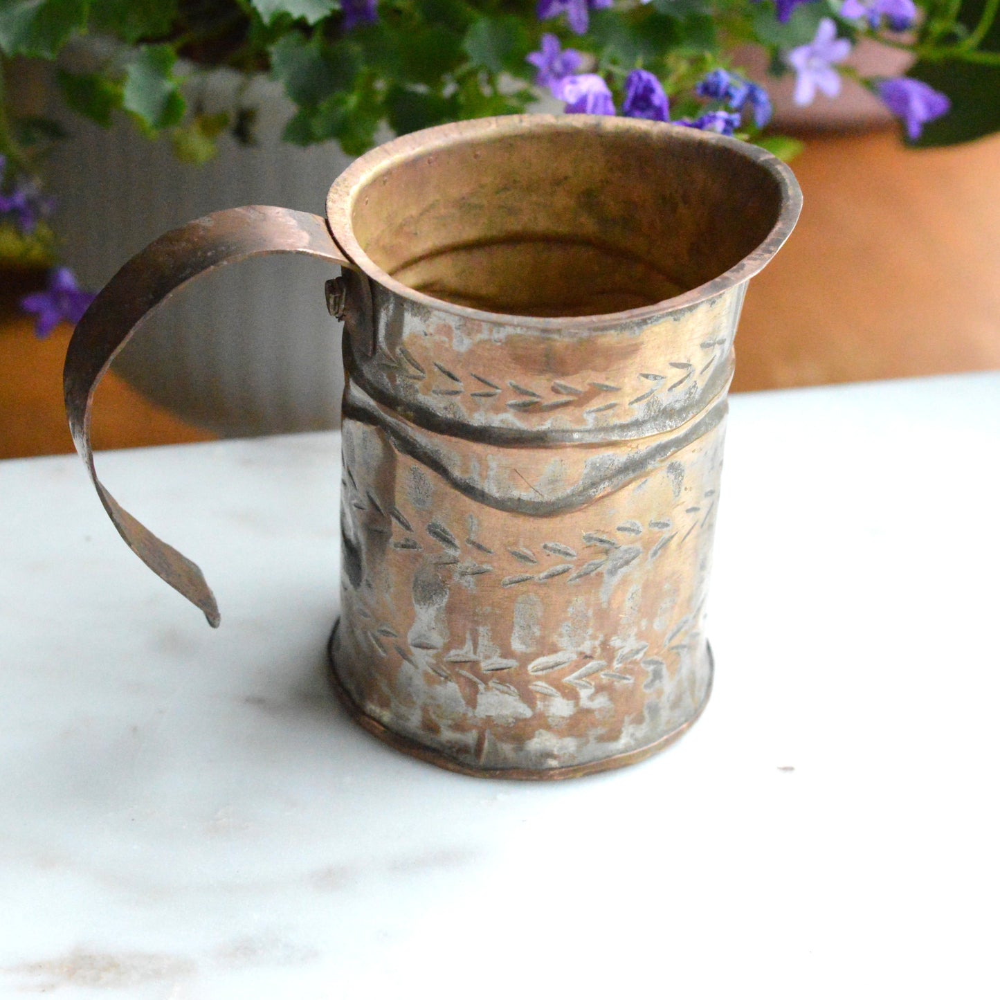 Antique Hand-Chased Copper Measuring Pitcher