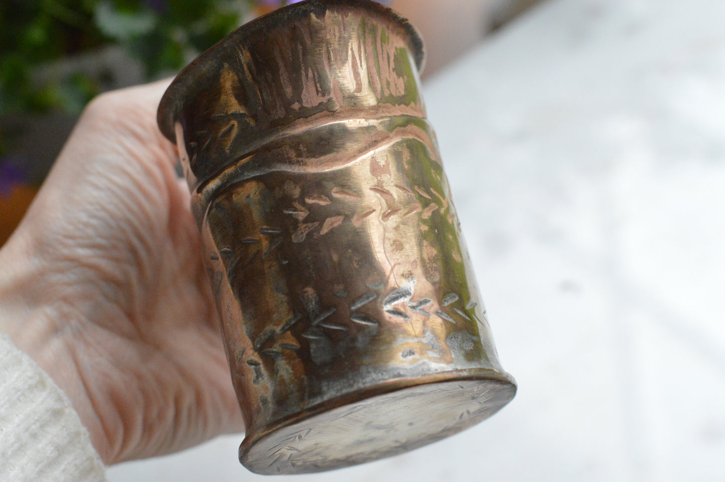 Antique Hand-Chased Copper Measuring Pitcher