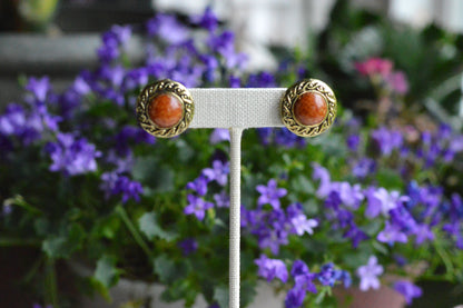 Vintage 1980s Etruscan Revival Faux Jasper Button Earrings