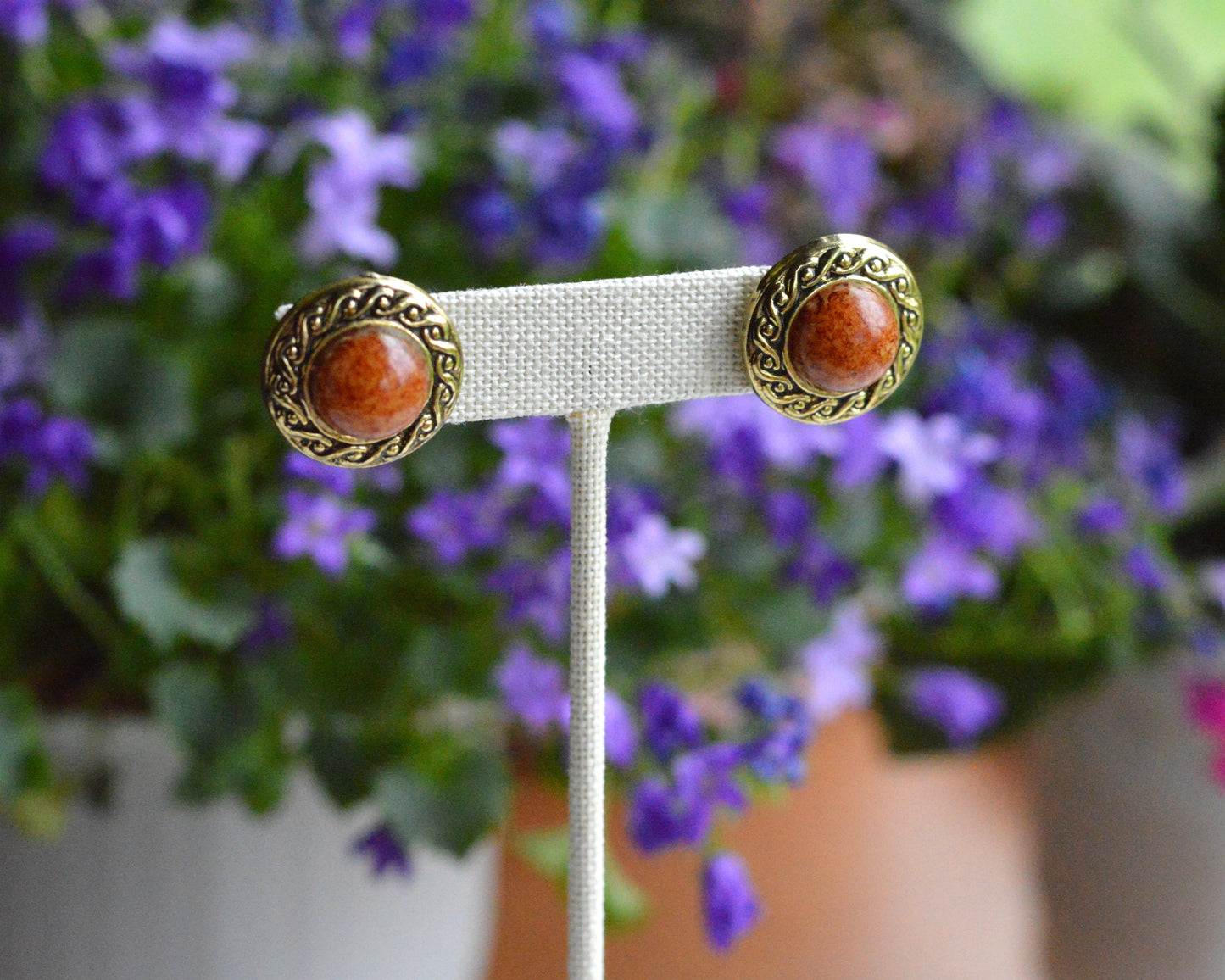 Vintage 1980s Etruscan Revival Faux Jasper Button Earrings