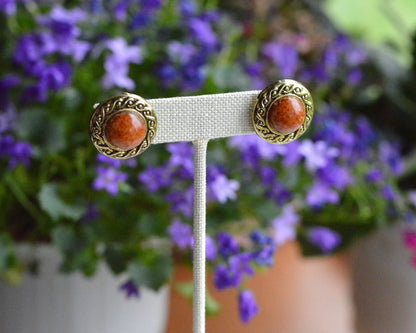 Vintage 1980s Etruscan Revival Faux Jasper Button Earrings