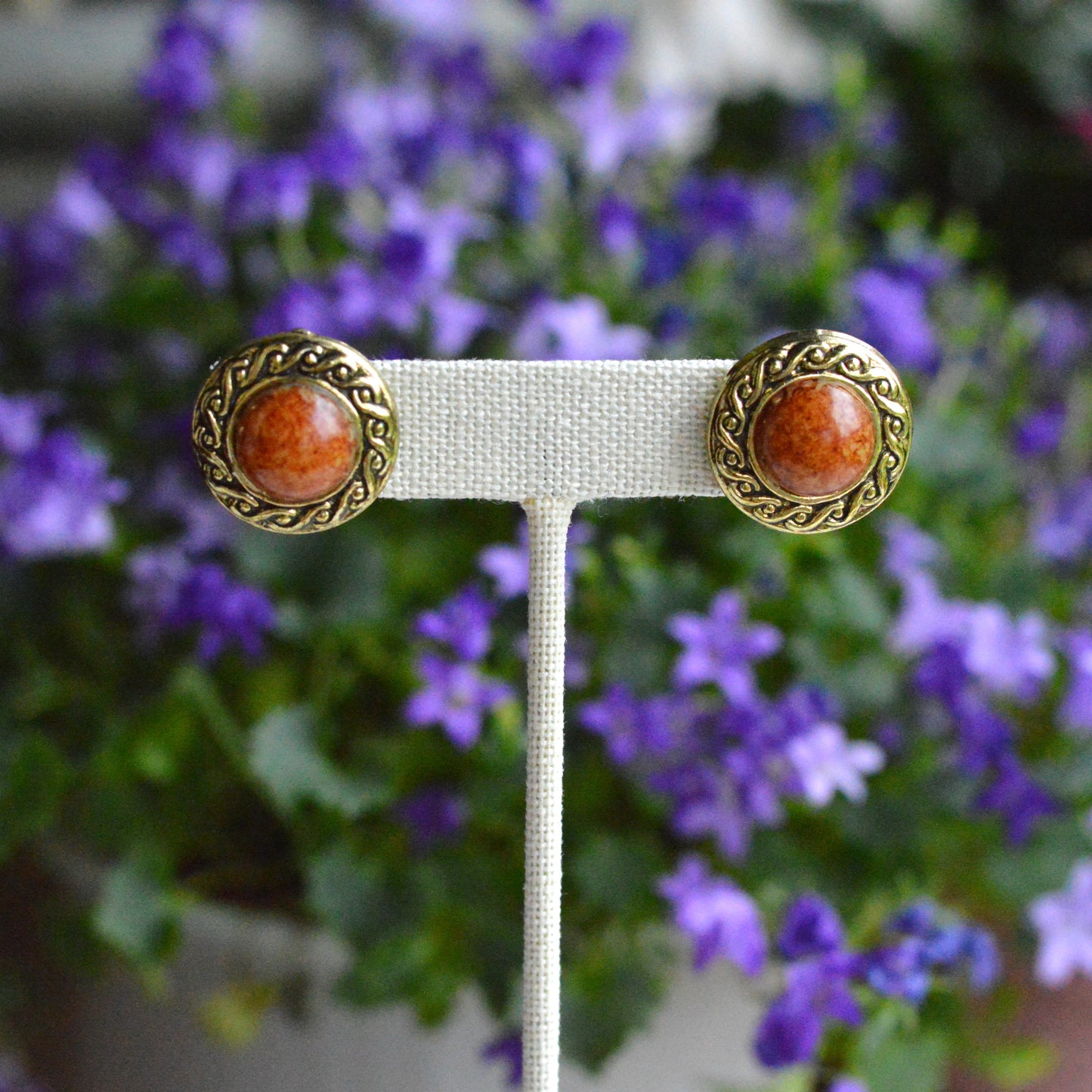 Vintage 1980s Etruscan Revival Faux Jasper Button Earrings