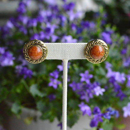 Vintage 1980s Etruscan Revival Faux Jasper Button Earrings