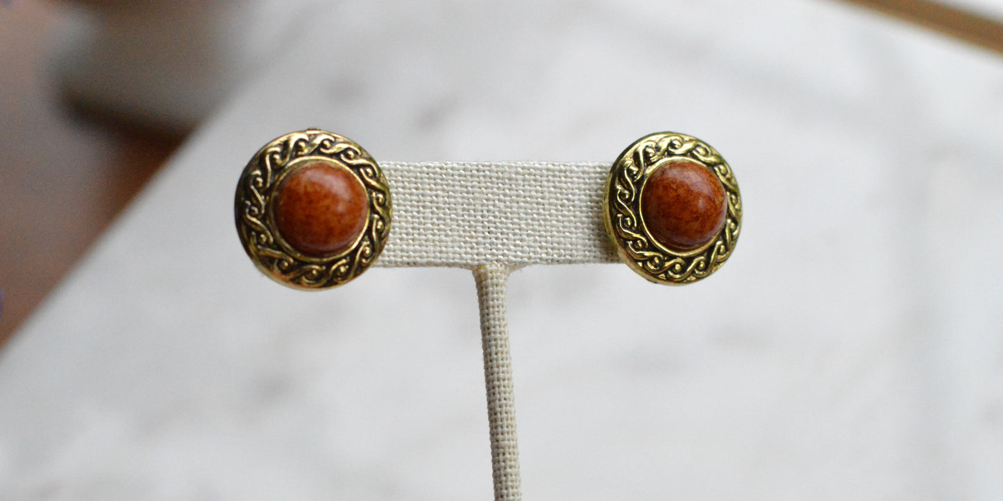 Vintage 1980s Etruscan Revival Faux Jasper Button Earrings