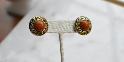 Vintage 1980s Etruscan Revival Faux Jasper Button Earrings