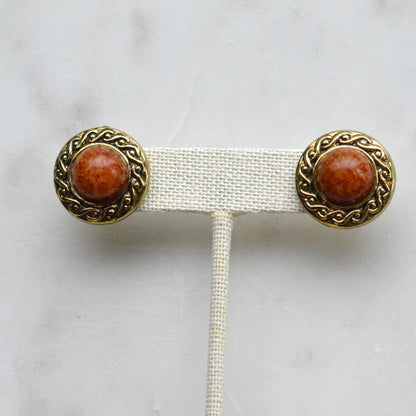 Vintage 1980s Etruscan Revival Faux Jasper Button Earrings