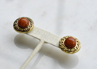 Vintage 1980s Etruscan Revival Faux Jasper Button Earrings