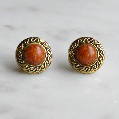 Vintage 1980s Etruscan Revival Faux Jasper Button Earrings