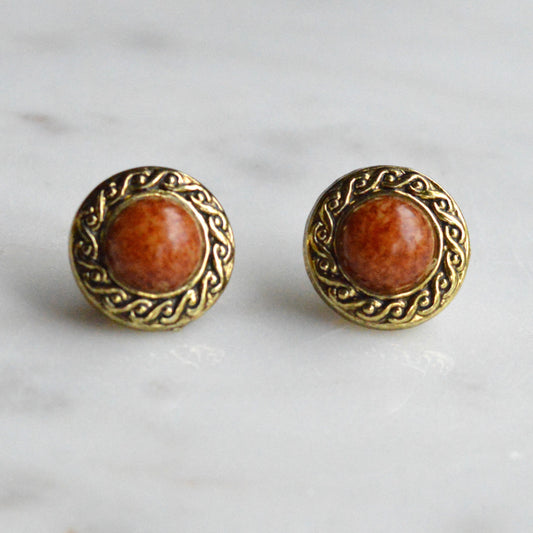Vintage 1980s Etruscan Revival Faux Jasper Button Earrings