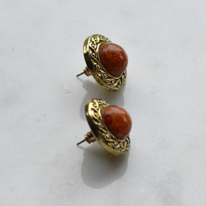 Vintage 1980s Etruscan Revival Faux Jasper Button Earrings