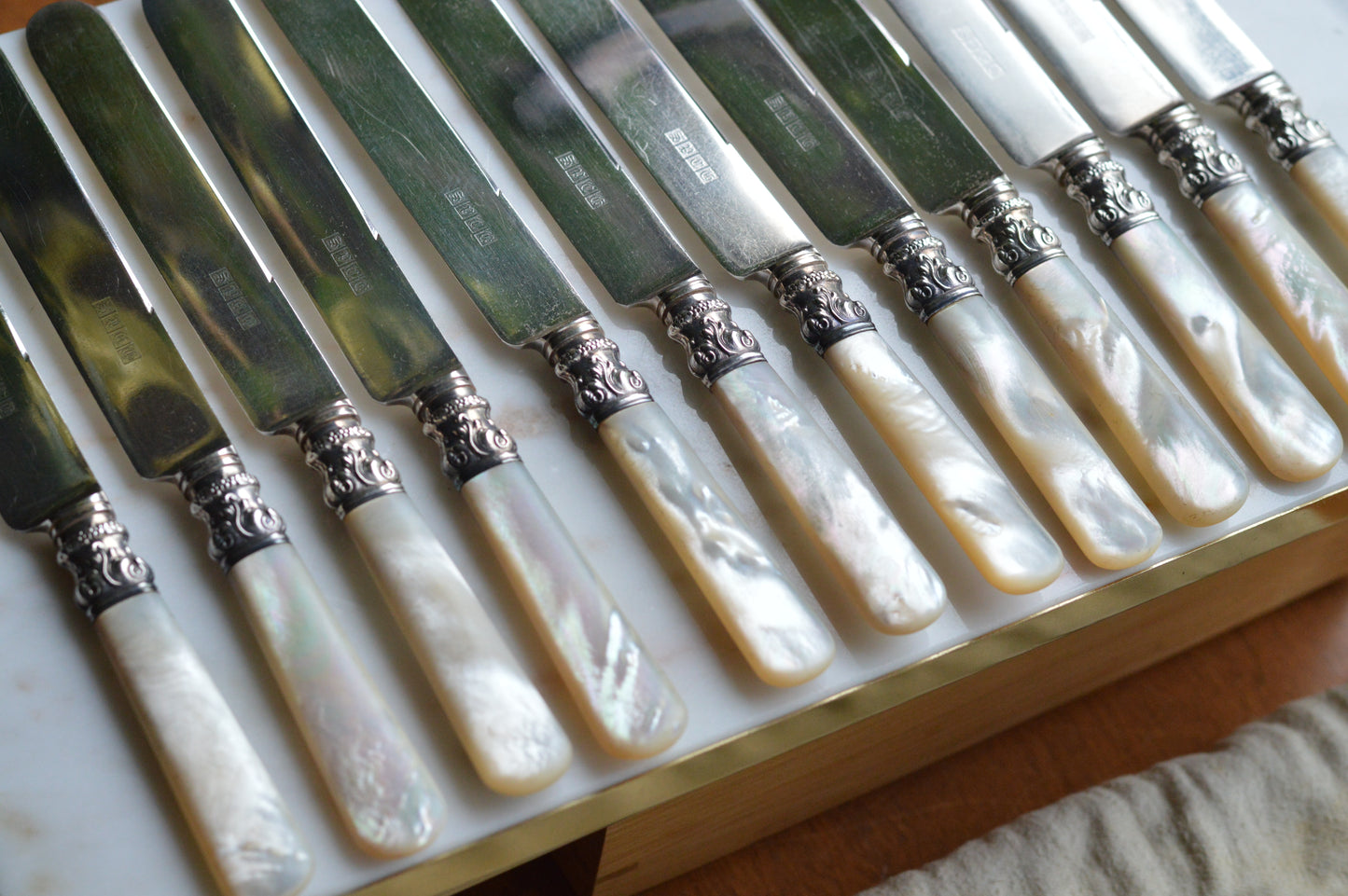 Antique Set of 12 Landers, Frary & Clark Mother of Pearl Dinner Knives