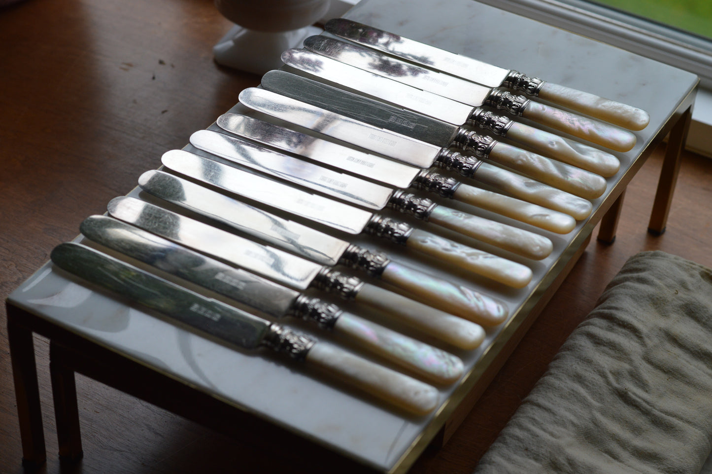 Antique Set of 12 Landers, Frary & Clark Mother of Pearl Dinner Knives
