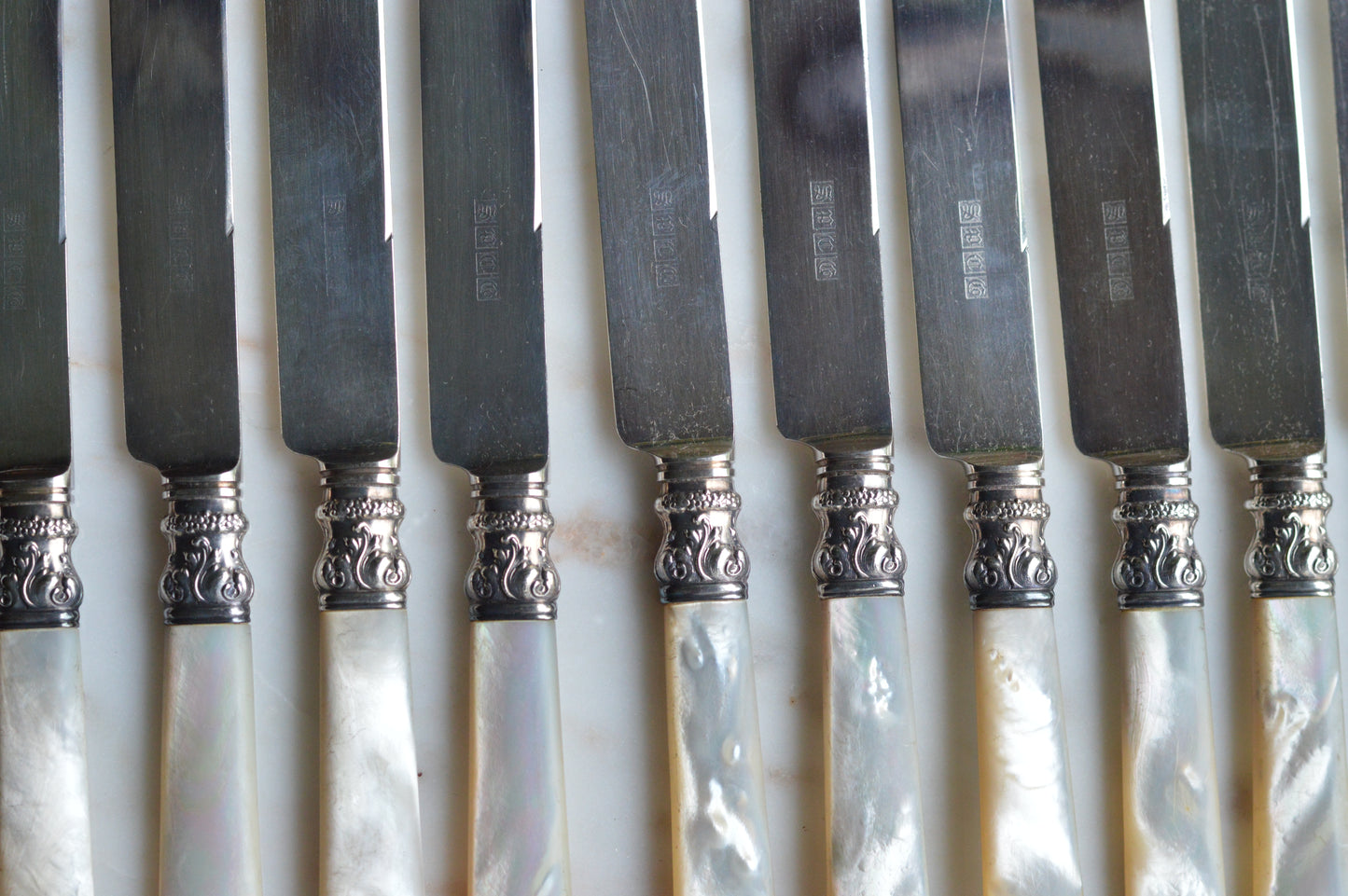 Antique Set of 12 Landers, Frary & Clark Mother of Pearl Dinner Knives