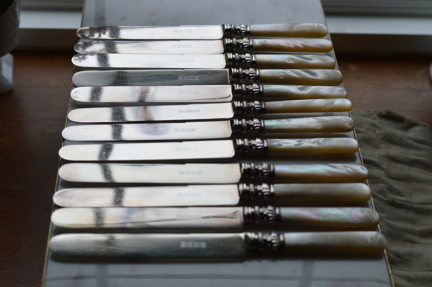 Antique Set of 12 Landers, Frary & Clark Mother of Pearl Dinner Knives