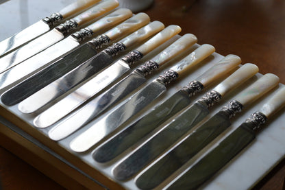 Antique Set of 12 Landers, Frary & Clark Mother of Pearl Dinner Knives