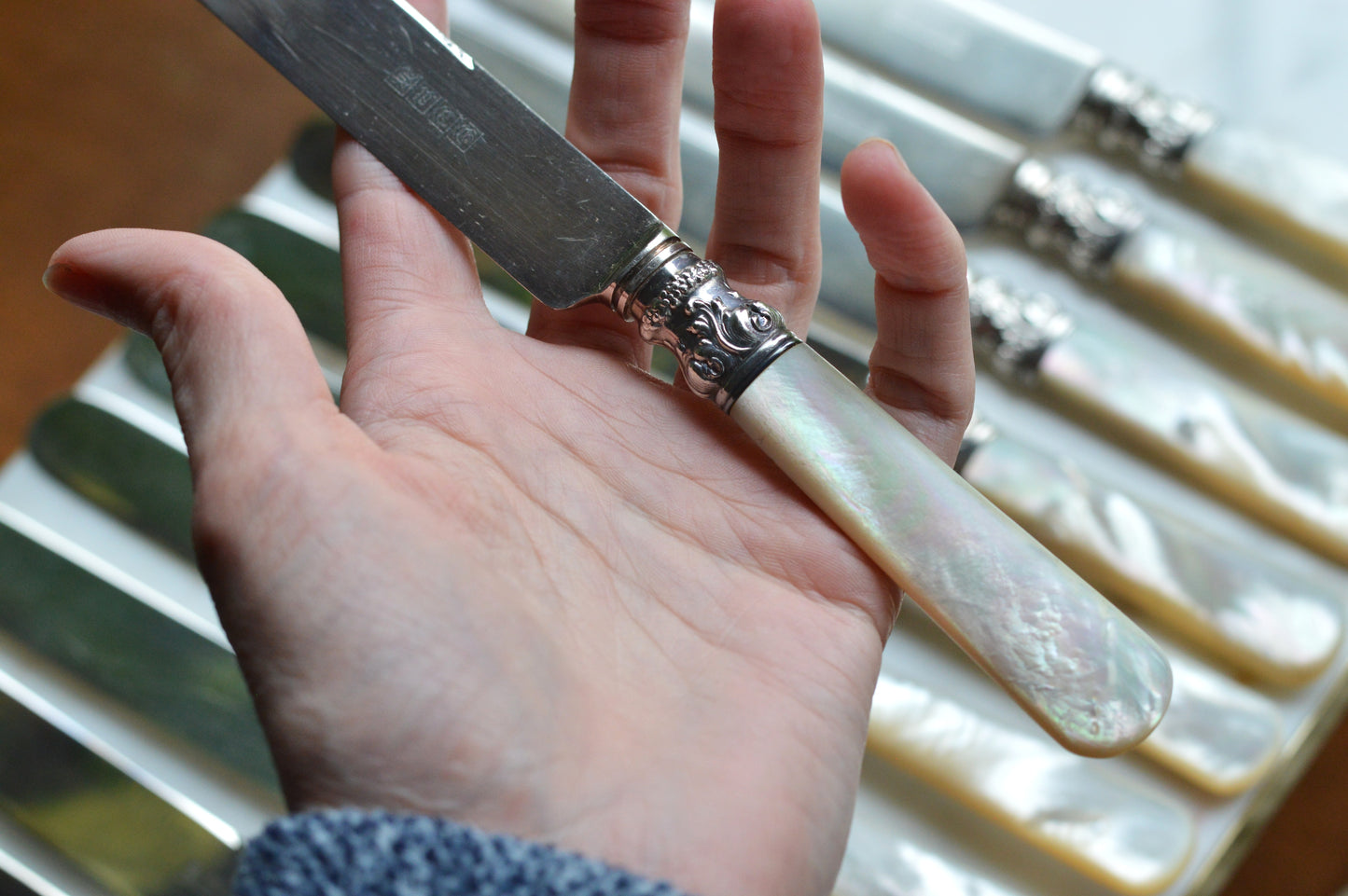 Antique Set of 12 Landers, Frary & Clark Mother of Pearl Dinner Knives