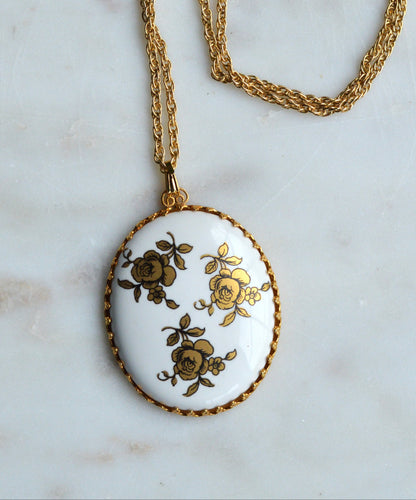 Vintage Gold Rose Porcelain Pendant Necklace