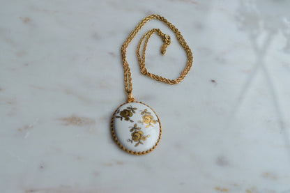 Vintage Gold Rose Porcelain Pendant Necklace