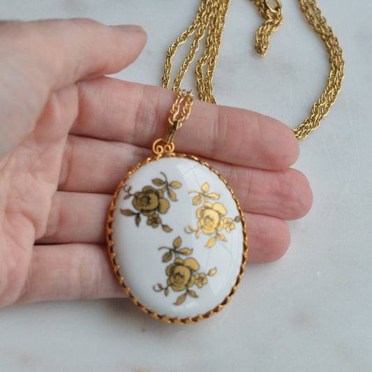 Vintage Gold Rose Porcelain Pendant Necklace
