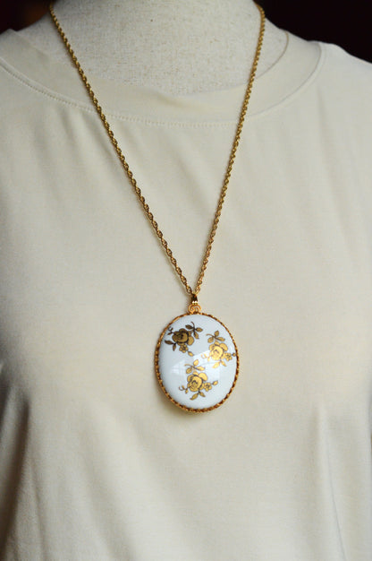 Vintage Gold Rose Porcelain Pendant Necklace