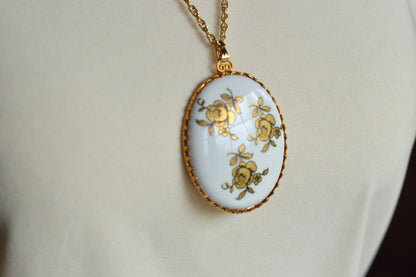 Vintage Gold Rose Porcelain Pendant Necklace
