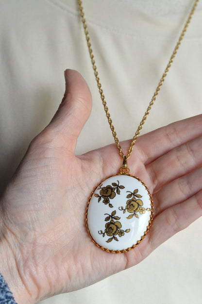 Vintage Gold Rose Porcelain Pendant Necklace
