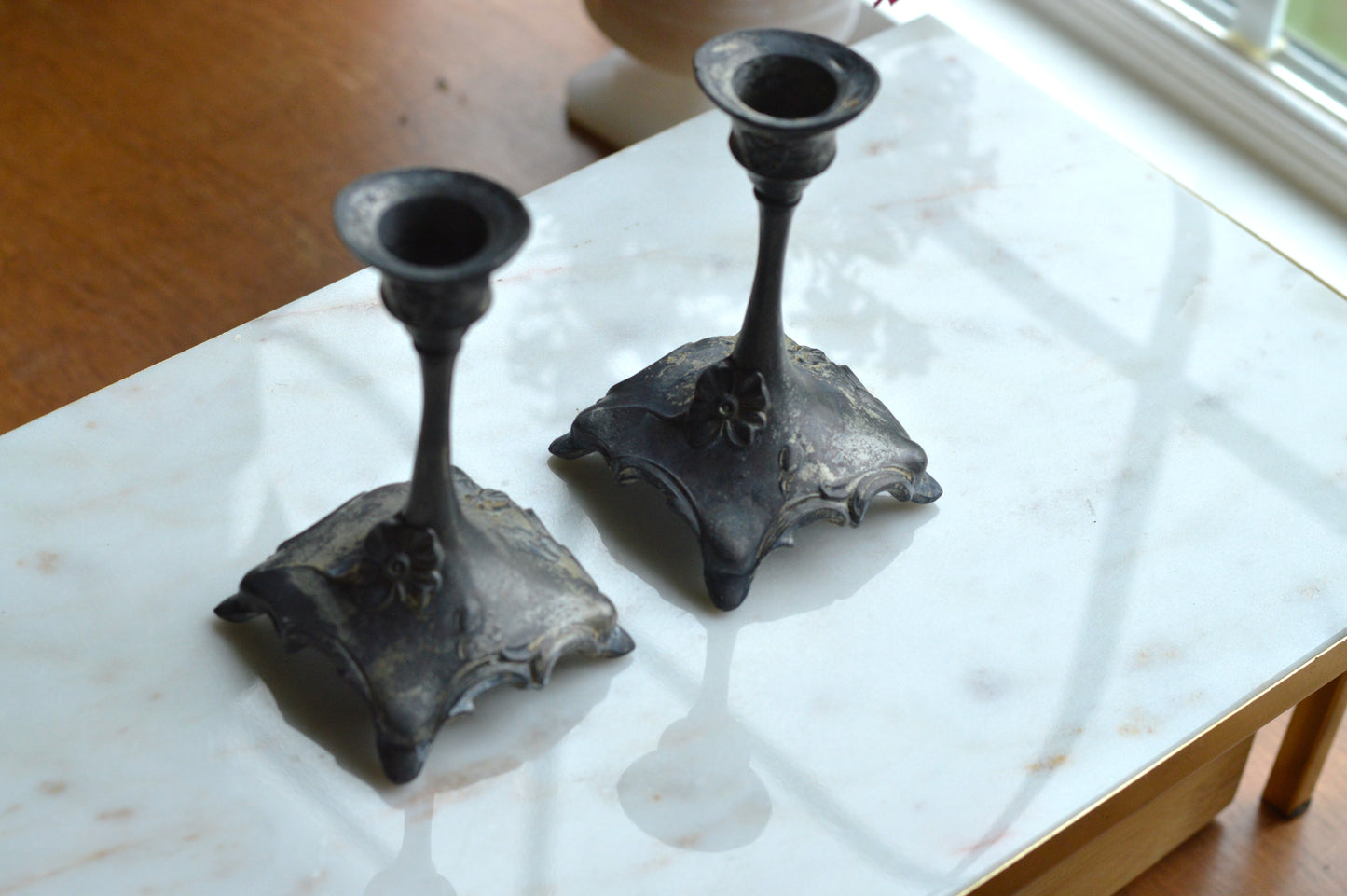 Antique Art Nouveau Spelter Candlesticks, Floral Zinc Metal Pair