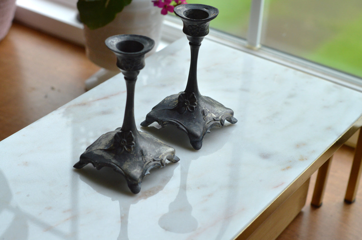 Antique Art Nouveau Spelter Candlesticks, Floral Zinc Metal Pair