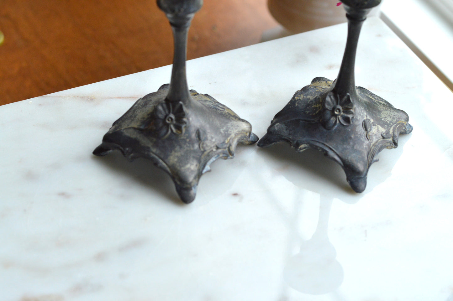 Antique Art Nouveau Spelter Candlesticks, Floral Zinc Metal Pair