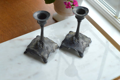 Antique Art Nouveau Spelter Candlesticks, Floral Zinc Metal Pair
