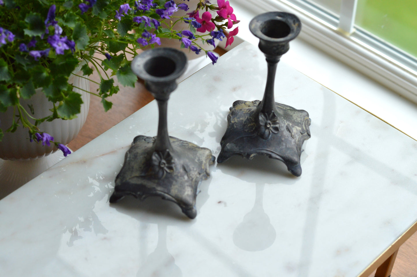 Antique Art Nouveau Spelter Candlesticks, Floral Zinc Metal Pair