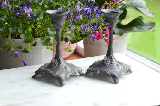 Antique Art Nouveau Spelter Candlesticks, Floral Zinc Metal Pair