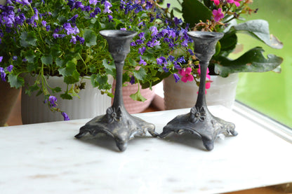 Antique Art Nouveau Spelter Candlesticks, Floral Zinc Metal Pair