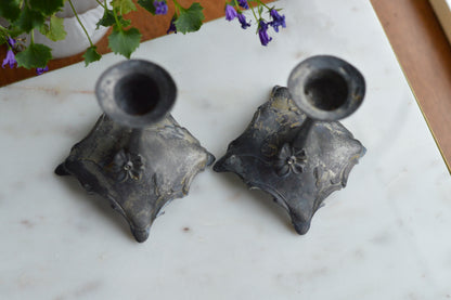 Antique Art Nouveau Spelter Candlesticks, Floral Zinc Metal Pair