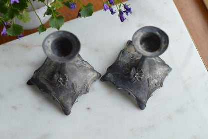Antique Art Nouveau Spelter Candlesticks, Floral Zinc Metal Pair