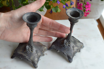 Antique Art Nouveau Spelter Candlesticks, Floral Zinc Metal Pair