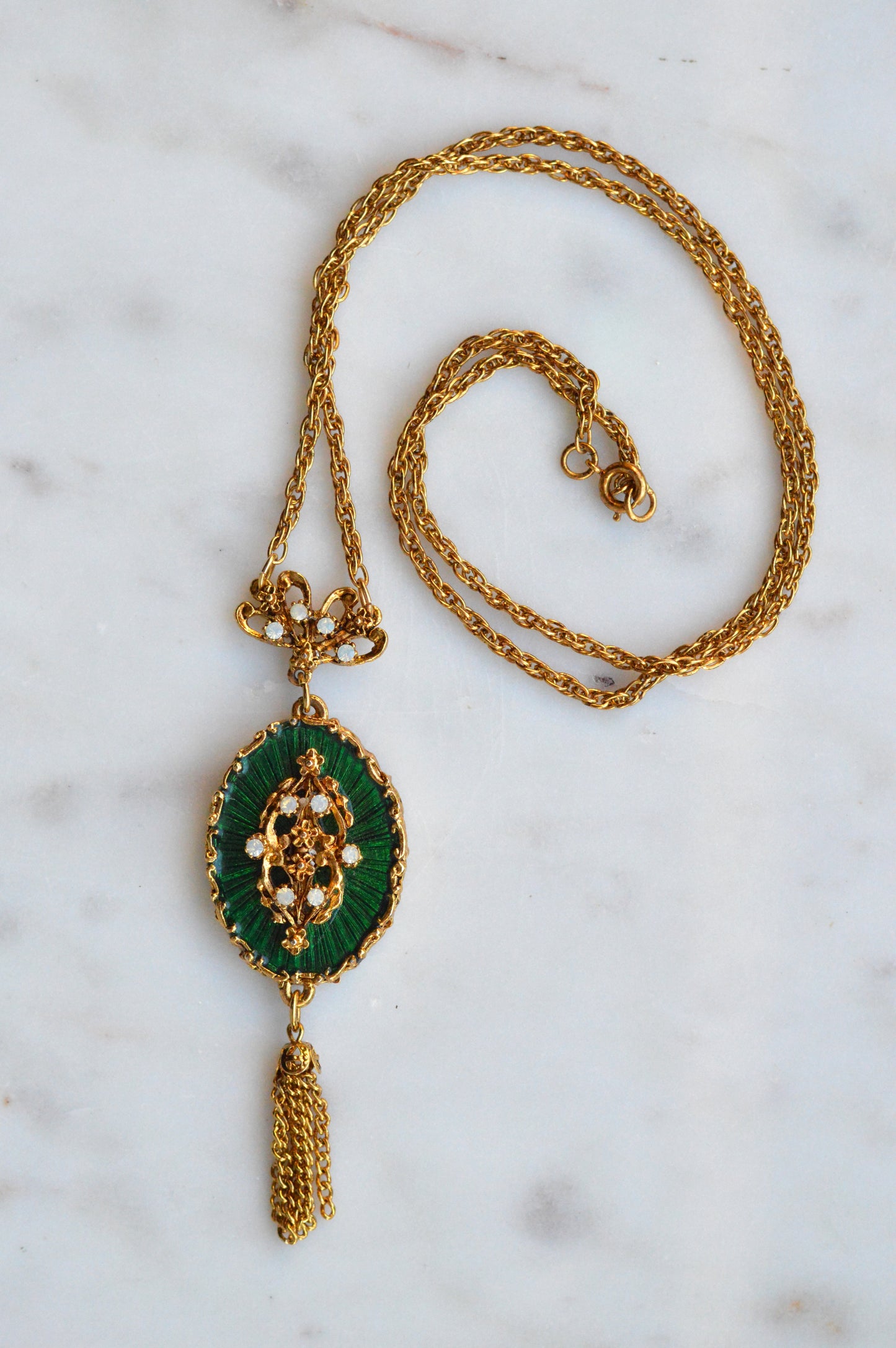 Vintage 1960s LJM Laurentian Green Enamel Tassel Necklace, Signed