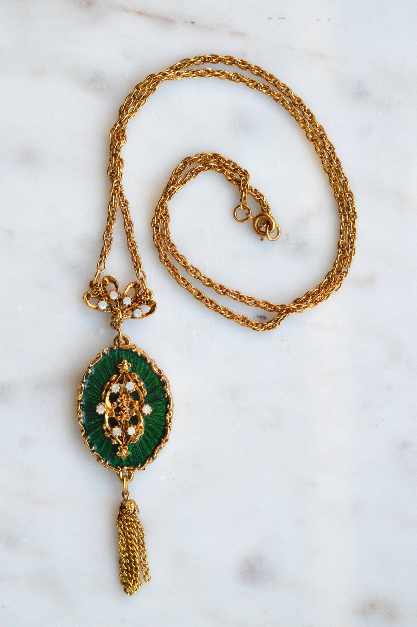 Vintage 1960s LJM Laurentian Green Enamel Tassel Necklace, Signed