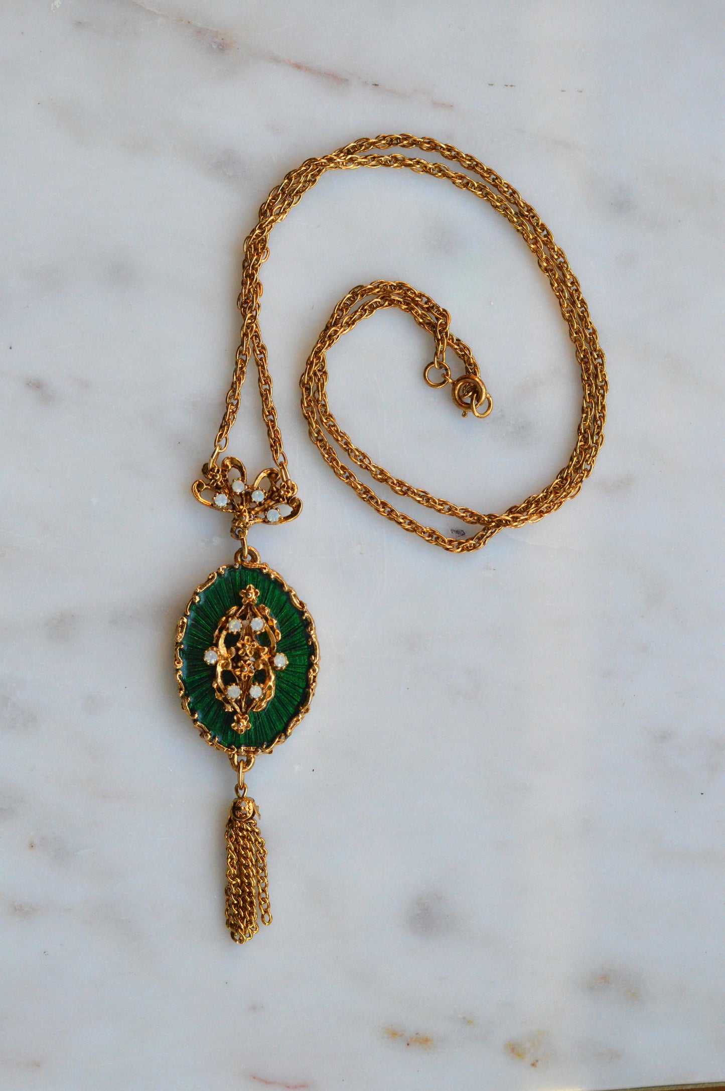 Vintage 1960s LJM Laurentian Green Enamel Tassel Necklace, Signed