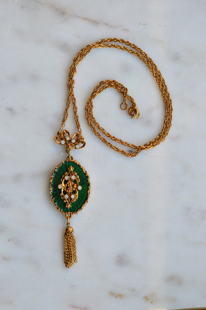 Vintage 1960s LJM Laurentian Green Enamel Tassel Necklace, Signed