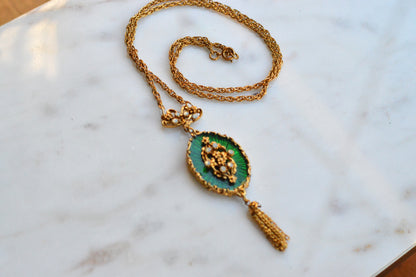Vintage 1960s LJM Laurentian Green Enamel Tassel Necklace, Signed