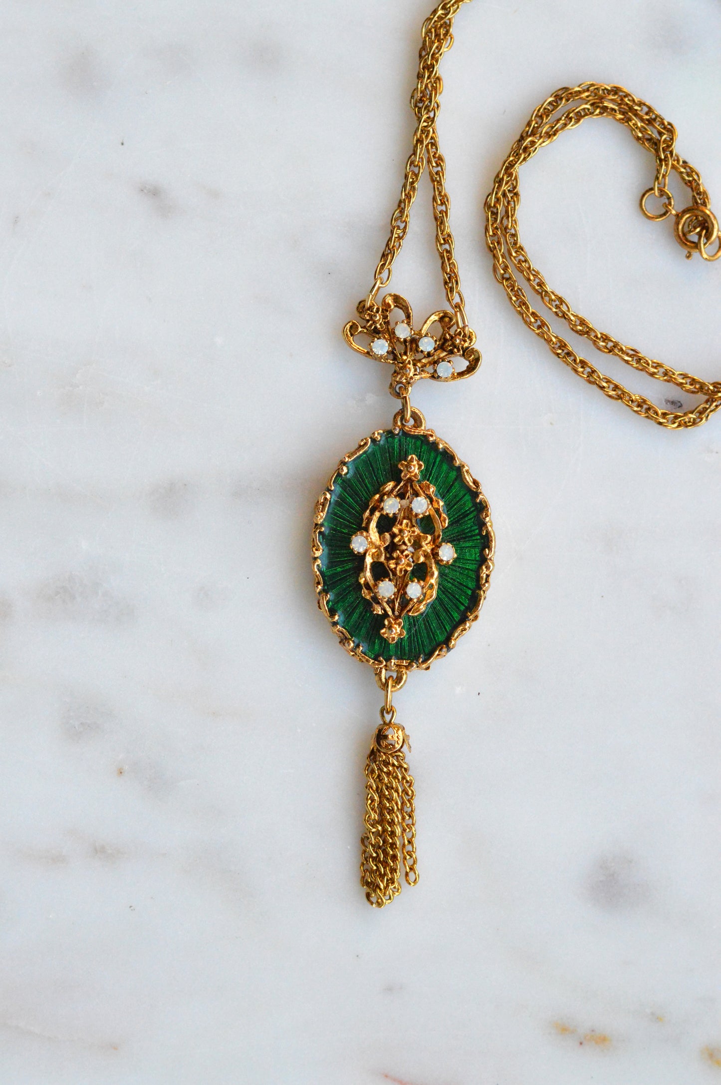Vintage 1960s LJM Laurentian Green Enamel Tassel Necklace, Signed