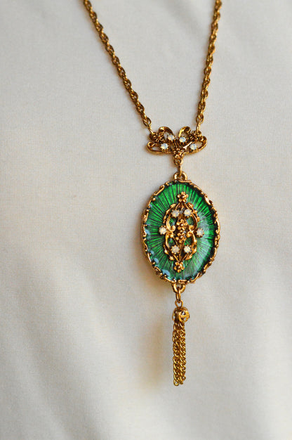 Vintage 1960s LJM Laurentian Green Enamel Tassel Necklace, Signed