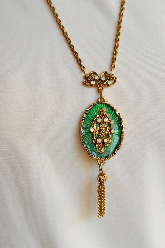 Vintage 1960s LJM Laurentian Green Enamel Tassel Necklace, Signed