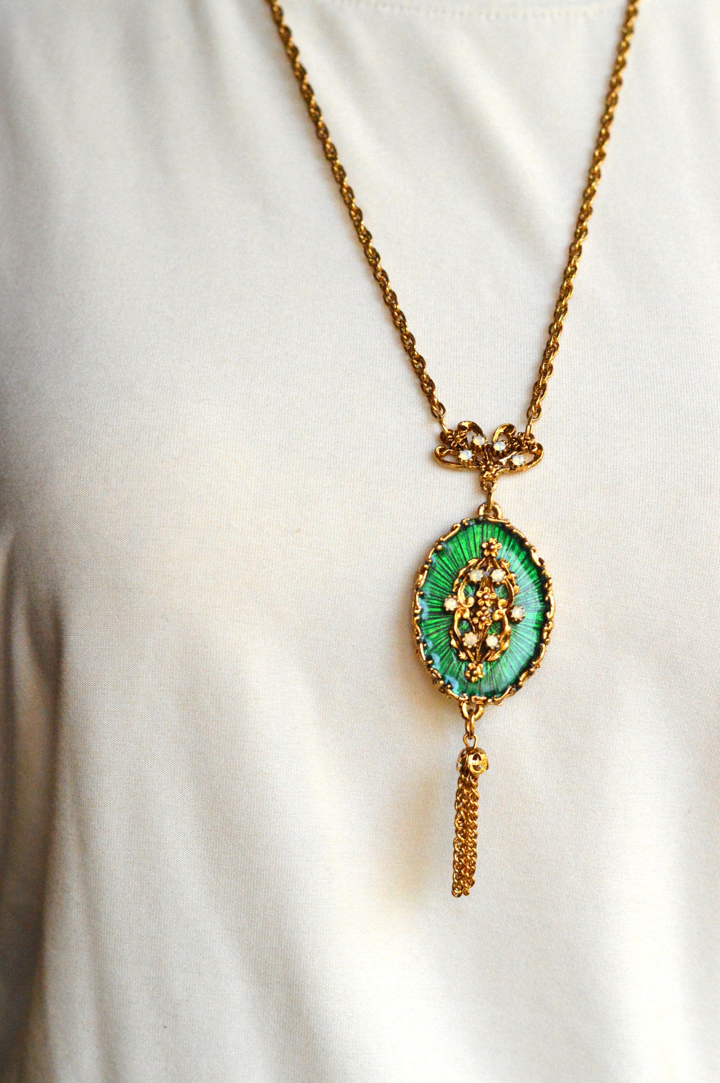 Vintage 1960s LJM Laurentian Green Enamel Tassel Necklace, Signed