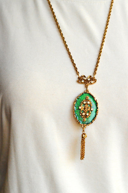 Vintage 1960s LJM Laurentian Green Enamel Tassel Necklace, Signed