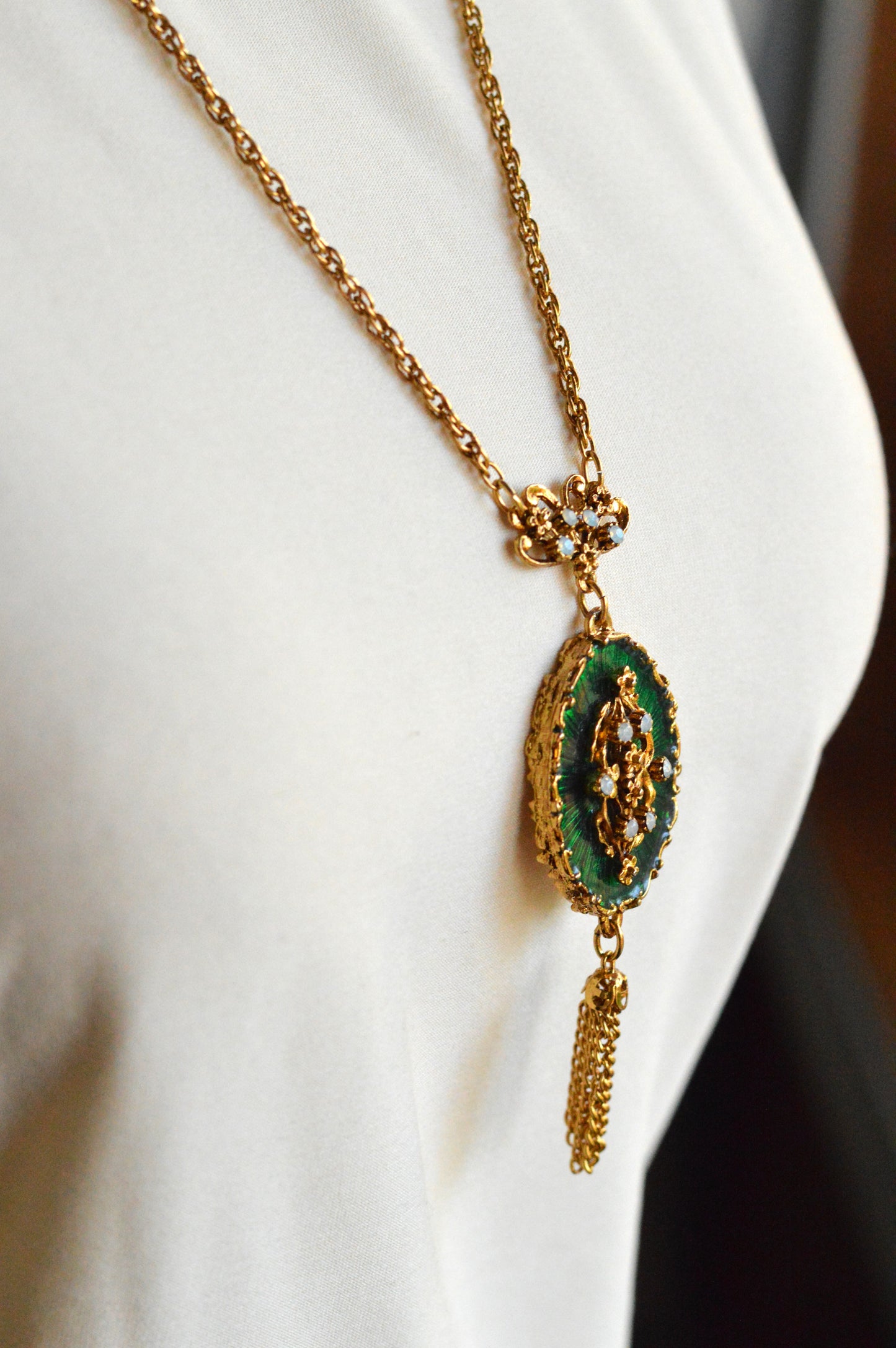 Vintage 1960s LJM Laurentian Green Enamel Tassel Necklace, Signed